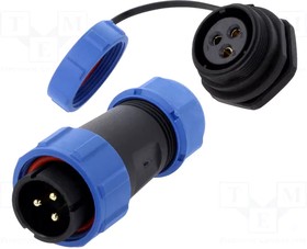 Фото 1/3 DS1110-26-03BU8A, Разъем: круглый; "папа" + "мама"; PIN: 3; 3А; IP67; 500В; пайка