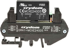 Фото 1/7 DRA1-MCXE240D5, Sensata Crydom DRA1-MCX Series Solid State Interface Relay, 32 V dc Control, 5 A rms Load, DIN Rail Mount
