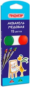 Фото 1/3 Краски акварельные ПИФАГОР "ЖИРАФ" на коррексе, 12 цветов, медовые, круглые кюветы, 192647