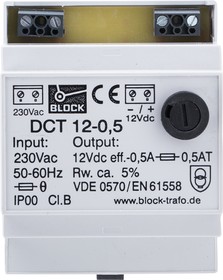 Фото 1/2 DCT12-0.5, DCT Linear DIN Rail Power Supply, 230V ac ac Input, 12V dc dc Output, 500mA Output, 6W