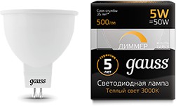 Фото 1/7 Gauss Лампа MR16 5W 500lm 3000K GU5.3 диммируемая LED