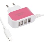 Блок питания (сетевой адаптер) для Apple 8 pin с 3 USB выходами 5V 2,1A розовое ...