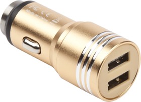 Фото 1/2 Автомобильная зарядка универсальная 2 USB выхода 2.1 А + кабель Micro USB золотая, металлическая, блистер