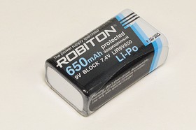 Фото 1/2 Аккумуляторная батарея, напряжение 7.4 В, 650 мАч, размер 16x26x47 мм, электро-химическая система литий-полимерная, тип 6F22LIR9V650