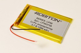 Фото 1/2 Аккумуляторная батарея, напряжение 3.7 В, 1200 мАч, электро-химическая система литий-полимерная, выводы 2L, тип LP503759, ROBITON