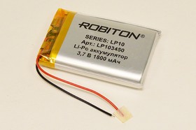 Фото 1/2 Аккумуляторная батарея, напряжение 3.7 В, 1800 мАч, электро-химическая система литий-полимерная, выоды 2L, тип LP103450, ROBITON