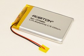 Фото 1/2 Аккумуляторная батарея, напряжение 3.7 В, 2300 мАч, электро-химическая система литий-полимерная, выводы 2L, тип LP754061, ROBITON