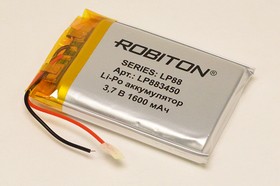 Фото 1/2 Аккумуляторная батарея, напряжение 3.7 В, 1600 мАч, электро-химическая система литий-полимерная, выводы 2L, тип LP883450, ROBITON