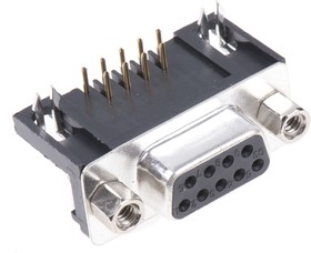 Фото 1/2 A-DF 09 A/KG-T1, A-DF 9 Way Right Angle Through Hole D-sub Connector Socket, 2.77mm Pitch, with 4-40 UNC Screwlocks
