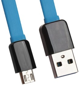 USB LED кабель Zetton Flat разъем Micro USB плоский, черный с синим