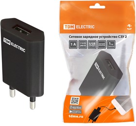SQ1810-0002, Зарядка USB Сетевое зарядное устройство СЗУ 2, 1А, черный, TDM ELECTRIC