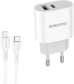 Фото 1/10 Блок питания (сетевой адаптер) BOROFONE BA62A Wiseacre 1xUSB + USB-C с кабелем USB-C Lightning 8 pin, 1м, 2,4A белый