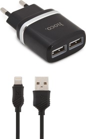 Фото 1/5 Зарядное устройство HOCO C12 Smart 2xUSB, 2.4А + USB кабель Lightning 8-pin, 1м (черный)