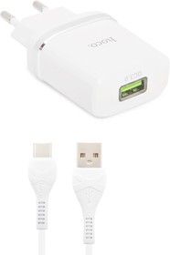 Фото 1/5 Зарядное устройство HOCO C12Q Smart 1xUSB, 3А, 18W, QC3.0, LED + USB кабель Type-C, 1м (белый)