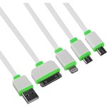 USB кабель "LP" 4 в 1 для Apple 8 pin/30 pin/MicroUSB/MiniUSB плоский (белый/зеленый)