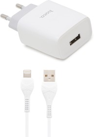 Фото 1/4 Зарядное устройство HOCO C72A Glorious 1xUSB, 2.1А + USB кабель Lightning 8-pin, 1м (белый)