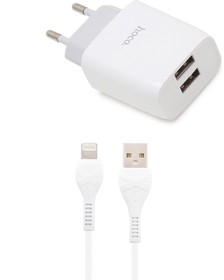 Фото 1/4 Зарядное устройство HOCO C73A Glorious 2xUSB, 2.4А + USB кабель Lightning 8-pin, 1м (белый)