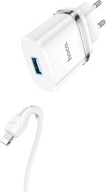 Фото 1/4 Блок питания (сетевой адаптер) HOCO N1 Ardent 1xUSB, 2.4А, LED + USB кабель Lightning 8-pin, 1м белый