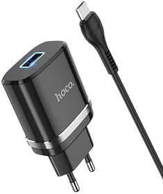 Фото 1/3 Блок питания (сетевой адаптер) HOCO N1 Ardent 1xUSB, 2.4А, LED + USB кабель MicroUSB, 1м черный