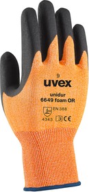 60966 9, Unidur 6649 foam OR Orange HPPE Cut Resistant Work Gloves, Size 9, Large, Nitrile Foam Coating