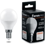 38065, Лампа светодиодная LED 6вт Е14 теплый матовый шар Feron.PRO