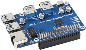 Фото 1/5 USB 3.2 Gen1 HUB Gigabit ETH HAT, USB 3.2 Gen1 и Gigabit Ethernet HUB HAT для Raspberry Pi