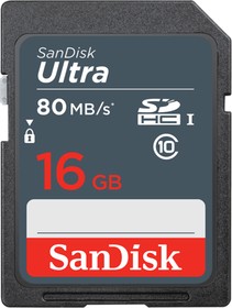 SDSDUNS-016G-GN3IN, Флеш карта SD 16GB SanDisk SDHC Class 10 UHS-I Ultra 80MB/s
