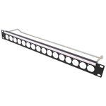 CP30150, 1U 16 Port XLR Feedthrough Patch Panel with Plain Fixing Holes, Unloaded, 24mm Dia. Ports, Black