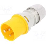 013-4, 16A, 110V, Cable Mount CEE Plug, 2P+E, Yellow, IP44