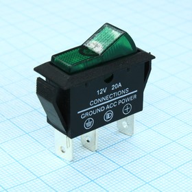 ASW-09D/G, Переключатель с подсветкой ON-OFF (20A 12В) SPST 3 вывода зеленый
