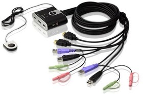 Фото 1/3 ATEN CS692, 2-портовый KVM-переключатель со встроенными KVM кабелями (1,2м), 1 user(HDMI(Female)+ 2xAudio(Female)+2xUSB(Тип А Female), KVM-п