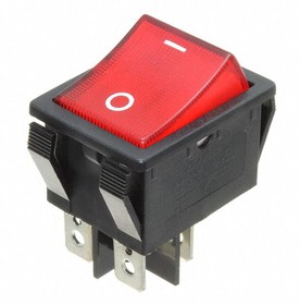 R5BBLKREDGF2, Rocker Switch - DPST - 20A - 125VAC - Red Concave (Curved) Actuator - Illuminated With Red 250VAC Neon Light - "O ...