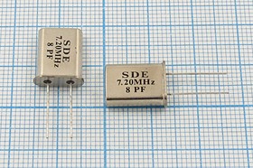 Кварцевый резонатор 7200 кГц, корпус HC49U, нагрузочная емкость 8 пФ, точность настройки 20 ppm, марка 49U[SDE], 1 гармоника, (SDE 7.20MHz 8