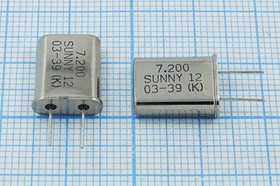 Кварцевый резонатор 7200 кГц, корпус HC49U, нагрузочная емкость 12 пФ, точность настройки 30 ppm, стабильность частоты 30/-20~70C ppm/C, мар