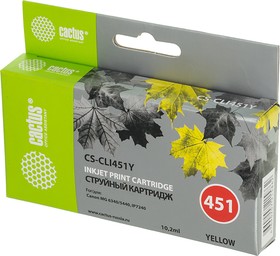 Фото 1/10 Картридж струйный Cactus CS-CLI451Y желтый (12мл) для Canon MG6340/5440/IP7240