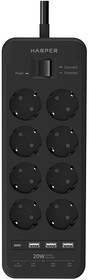 Фото 1/3 Harper Сетевой фильтр с USB зарядкой UCH-650 Black PD3.0 (8 роз.,5м.,3xUSB+1xType-C портами, 4000W) {H00003210}