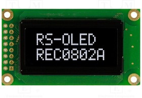 REC000802AWPP5N00100, Дисплей: OLED; алфавитно-цифровой; 8x2; Разм: 58x32x10мм; белый