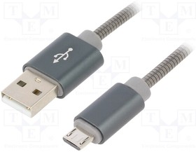 CC-USB2S-AMMBM-1M-BG, Кабель; USB 2.0; вилка USB A,вилка micro USB B; 1м; серый; металл