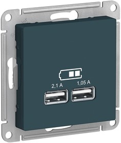 Фото 1/2 Розетка USB AtlasDesign тип A+A 5В 1х2.1А 2х1.05А механизм изумруд SE ATN000833