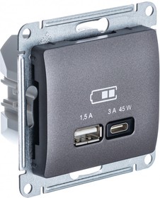 Фото 1/2 Розетка USB Glossa тип A+C 45Вт QC PD высокоскор. ЗУ механизм графит SE GSL001329