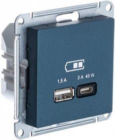 Фото 1/2 ATN000829, ATLASDESIGN USB РОЗЕТКА A + тип-C 45W высокоскор.заряд. QC,PD, механизм, ИЗУМРУД