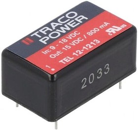 Фото 1/3 TEL 12-1213, Isolated DC/DC Converters - Through Hole 9-18Vin 15V 800mA 12W DIP Iso