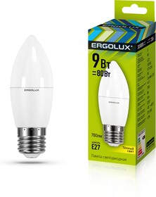 Фото 1/2 Ergolux LED-C35-9W-E27-3K (Эл.лампа светодиодная Свеча 9Вт E27 3000K 172-265В)