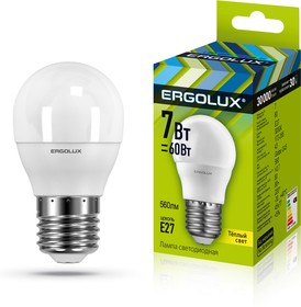 Фото 1/2 Ergolux LED-G45-7W-E27-3K (Эл.лампа светодиодная Шар 7Вт E27 3000K 172-265В)