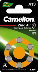Фото 1/3 Camelion ZA13 BL-6 Mercury Free (A13-BP6(0%Hg), PR48 батарейка для слуховых аппаратов, 1.4V)