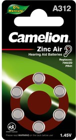Camelion ZA312 BL-6 Mercury Free (A312-BP6(0%Hg), батарейка для слуховых аппаратов, 1.4 V,170mAh)