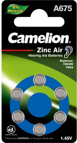Camelion ZA675 BL-6 Mercury Free (A675-BP6(0%Hg), батарейка для слуховых аппаратов, 1.4 V,620mAh)
