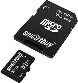 Фото 1/7 micro SDHC карта памяти Smartbuy 032GB cl10 U1 V10 для видеонаблюдения (с адаптером SD)