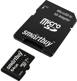 Фото 1/3 micro SDXC карта памяти Smartbuy 064GB cl10 U3 V30 для видеонаблюдения (с адаптером SD)