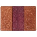 Обложка на паспорт с 3D тисн. Цветы, кожа, бордо+светло-коричнев, Op0100102